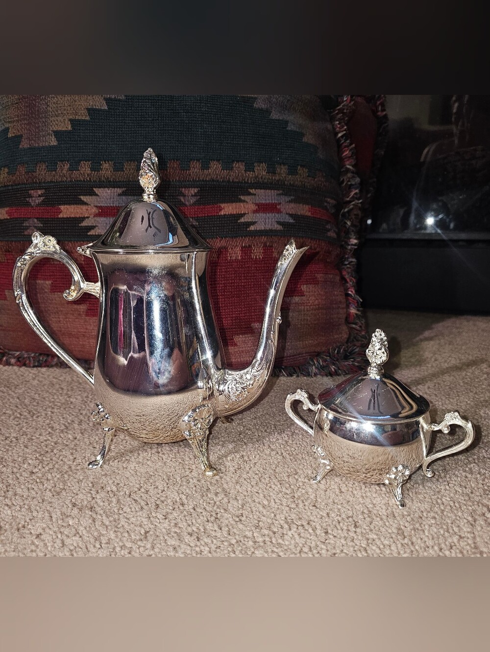 Vintage silverplated coffee/tea pot and covered sugar bowl set.